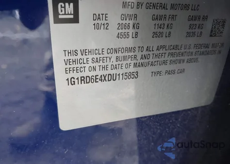 2013 Chevrolet Volt из США, поврежденный, VIN 1G1RD6E4XDU115853